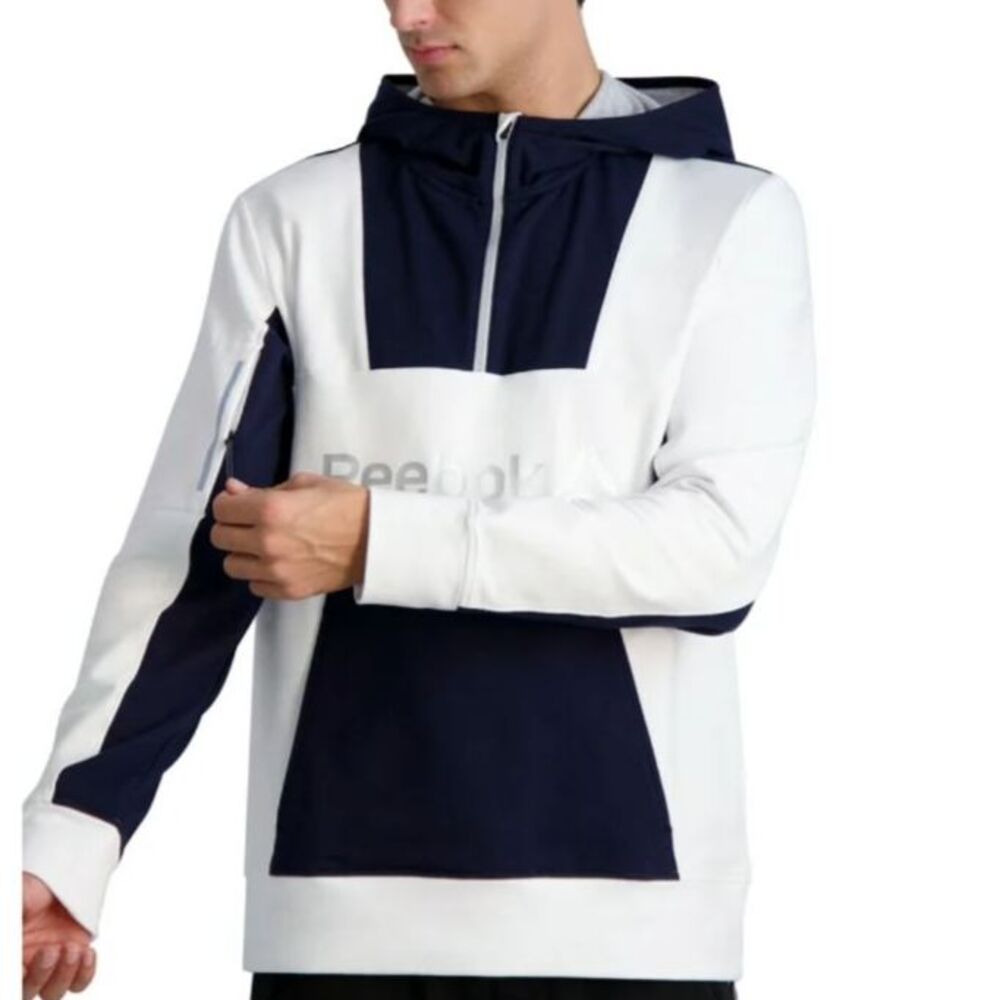 Men's Reebok Blue & White Color block Hoodie Pullover Sweatshirt SIZE M